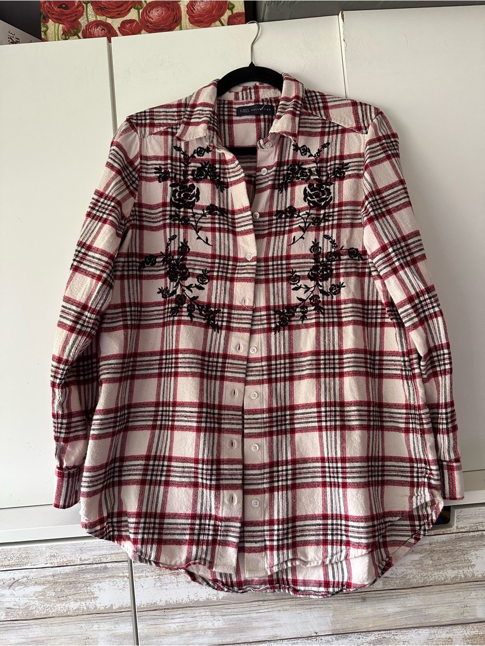 🌹 M&S Collection Plaid Embroidered Flannel Button Up Shirt UK 12 US 8